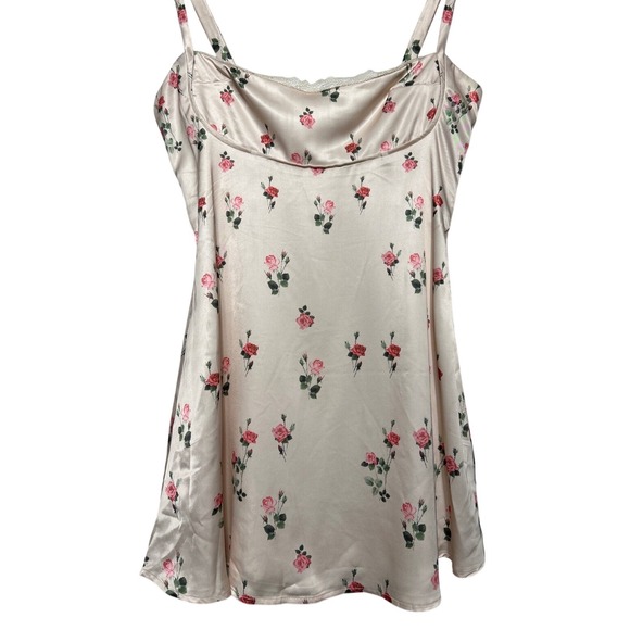 Princess Polly Dresses & Skirts - Princess Polly Satin Slip Dress Pink Floral Lace Trim Mini Spaghetti Strap Sz 10